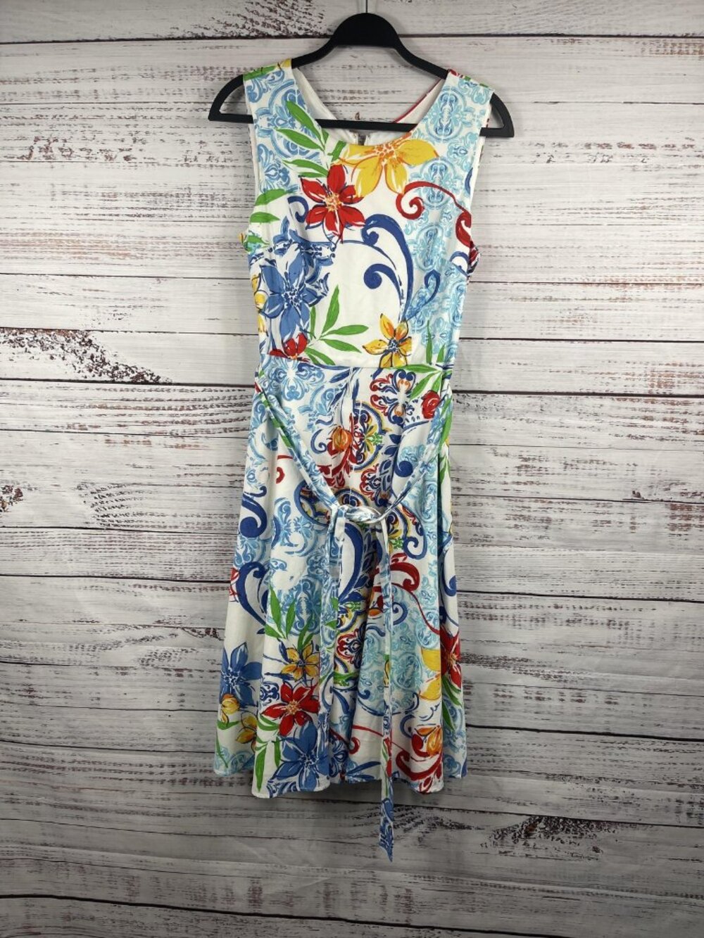 Donna Ricco Dress Womens 12 Multicolor Floral Fit Flare Belted Sleeveless Midi